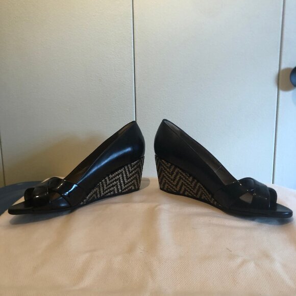 Anyi Lu Daphne black leather wedges w/ woven heels sz 39 - Picture 9 of 12